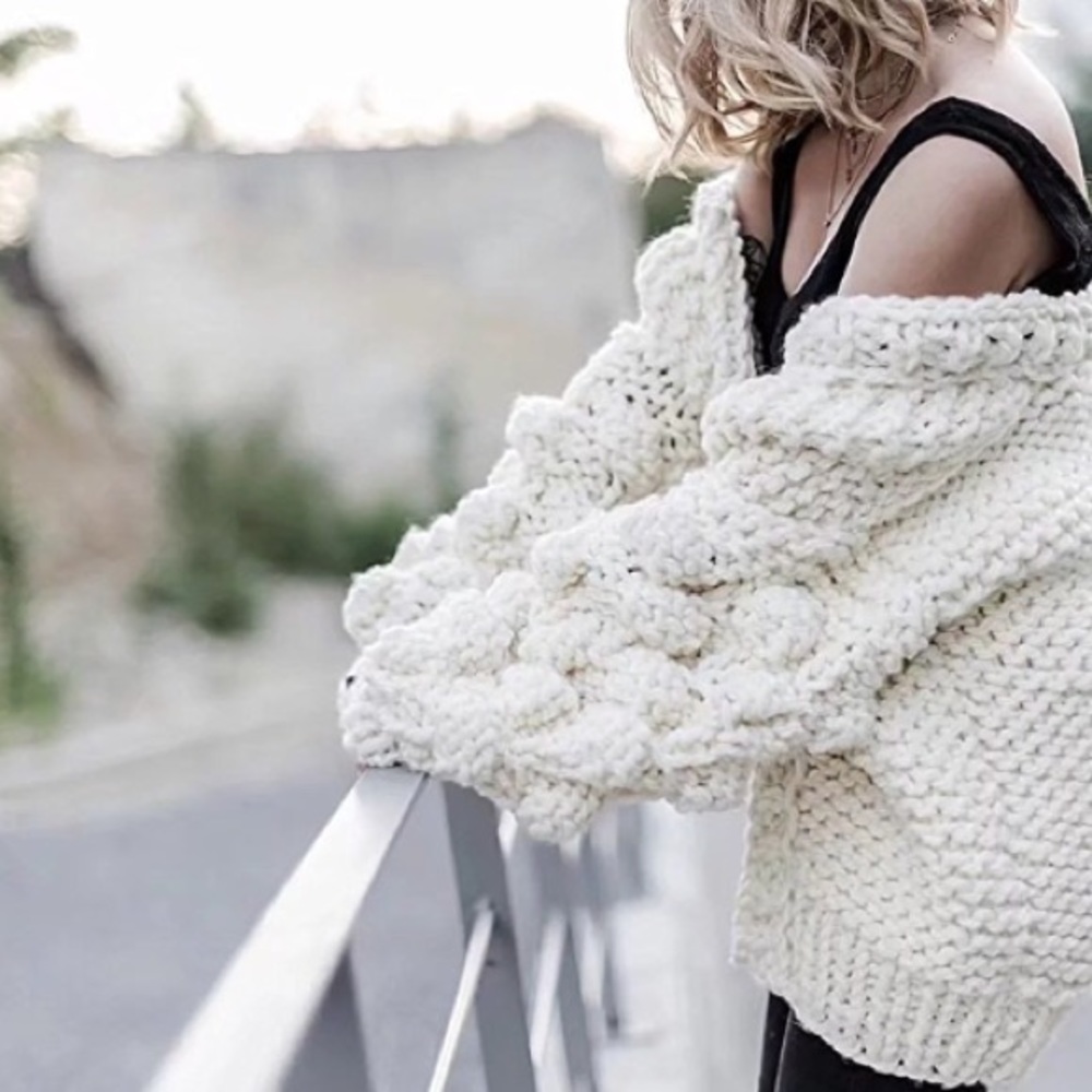 Eggshell cream bubble sleeve open front sweater